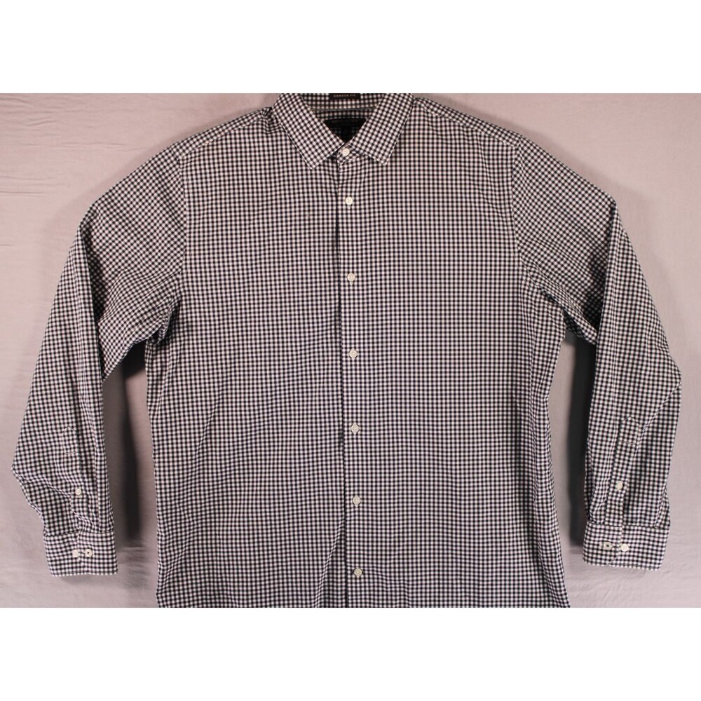 Banana Republic Mens XL Camden Fit Navy Gingham Non Iron Cotton Dress Shirt